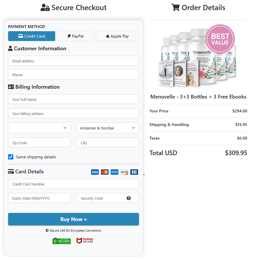 Menovelle Checkout page